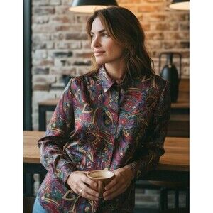 Vintage Koret Women's Button Up Blouse Sz 12 L Dark Moody Paisley 90s Whimsygoth